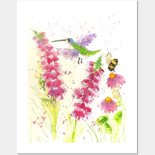 Colourful Hummingbird and a Bumblebee among Pink Flowers Posters and Art